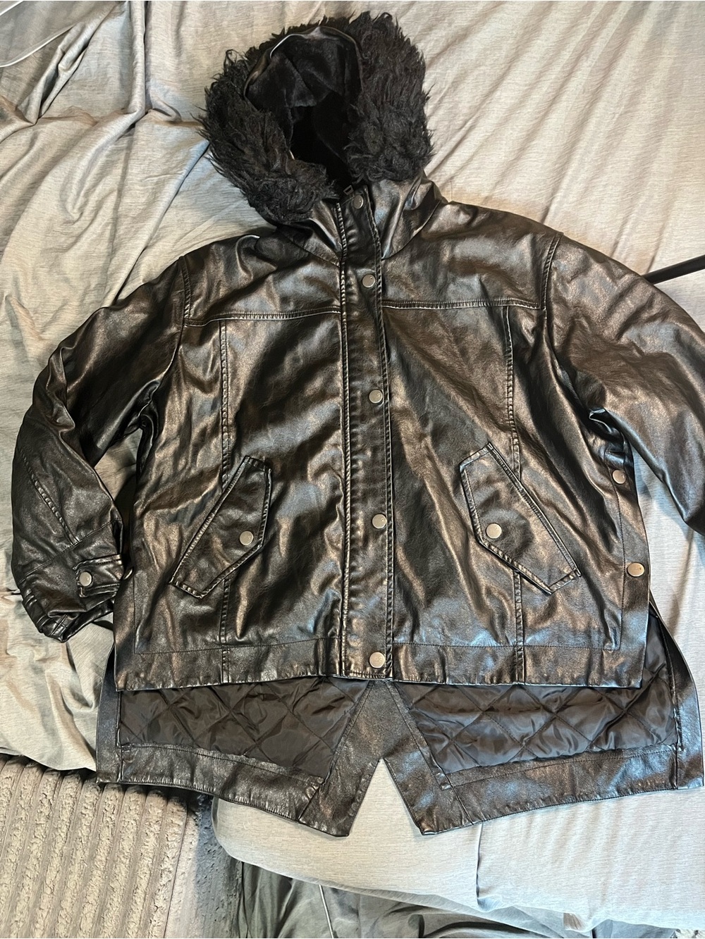 Pilcro Black Faux Leather Hooded Puffer Jacket with Quilted liner